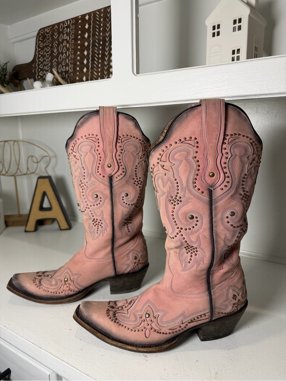 Corral Womens 8.5 Dusty Pink Leather Studded Embroidered Cowboy Boots Western